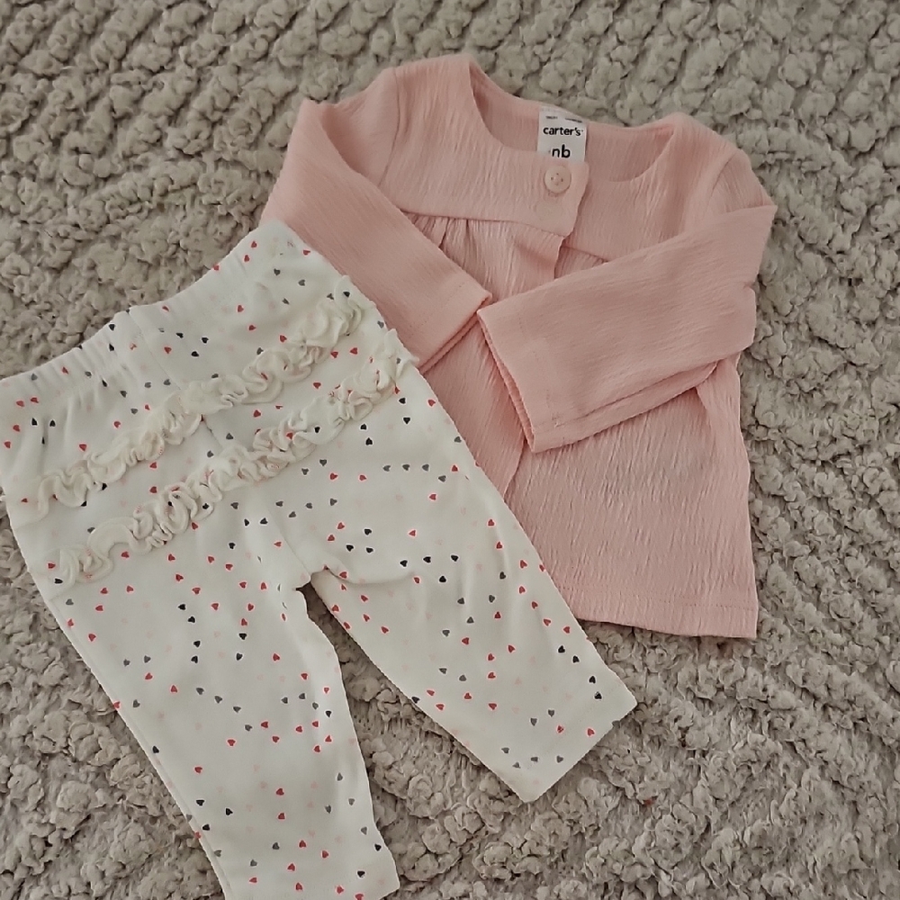 Carter's Pink Cardigan and White Heart Leggings Set